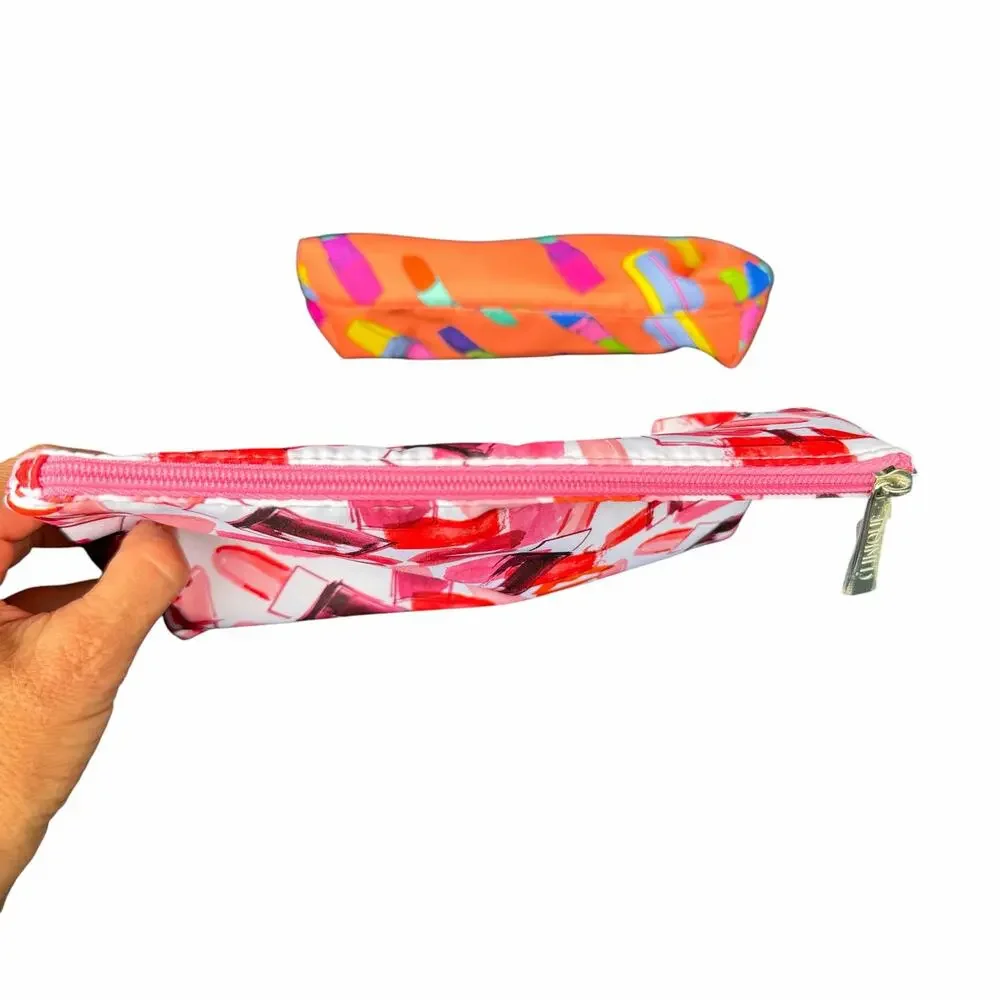 Clinique Cosmetic Bag Lipstick Print Makeup Travel Bag Lot of 2 Fabric Vtg?NOS